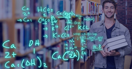 Image of scientific data processing over caucasian male student in library. Global education,...