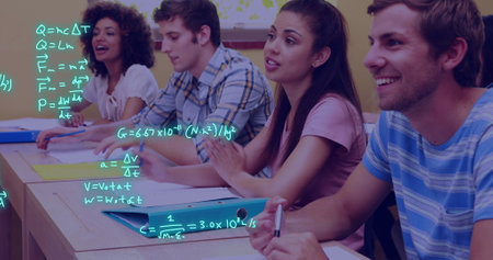 Image of equations and data processing over diverse students. Global education, learning, school,...