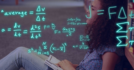 Image of equations and data processing over biracial female student reading. Global education,...