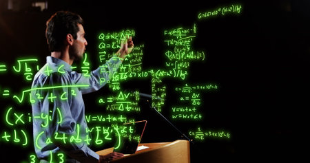 Image of scientific data processing over caucasian male teacher. Global education, learning, school,...