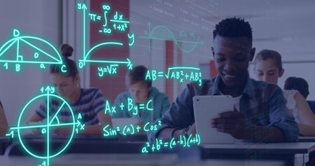 Image of equations and data processing over diverse students. Global education, learning, school,...