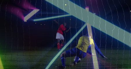 Image of neon shapes over african american male soccer player. global sport and digital interface concept digitally generated image.の写真素材
