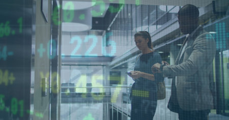 Image of stock market over diverse business people. Global business, computing and digital interface concept digitally generated image.の写真素材