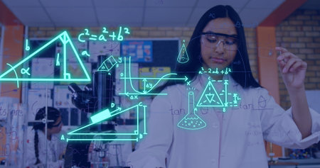 Image of data processing over biracial female student. Global education, learning, school, digital...