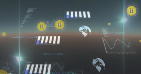 Image of digital padlocks with globes, programming codes and business graphs moving on abstract....