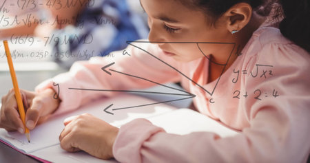 Image of question mark and mathematical equations over diverse schoolchildren in classroom. education, knowledge and school concept digitally generated image.の写真素材