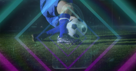 Image of neon shapes over caucasian male soccer player. global sport and digital interface concept digitally generated image.の写真素材