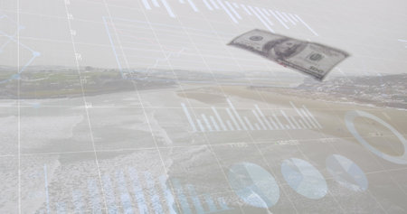 Image of data processing over landscape and banknotes. Global business and digital interface concept...