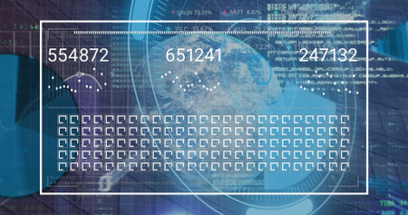 Image of statistical data processing over round scanner and spinning globe on blue background....