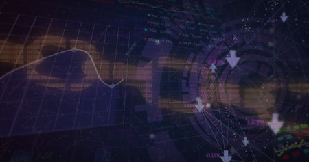 Image of scope scanning over data processing and network of connections on black background. Global...
