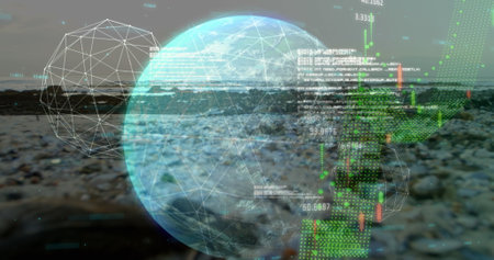Image of data processing over globe and beach. Global business and digital interface concept digitally generated image.の写真素材