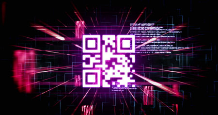 Image of qr code in rhombus pattern and programming language over abstract background. Digitally generated, hologram, barcode, banking, coding, machine learning and technology concept.の写真素材