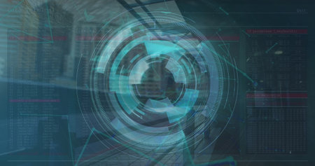 Image of scope scanning with data processing and network of connections over cityscape. Global technology, online security and digital interface concept digitally generated image.の写真素材