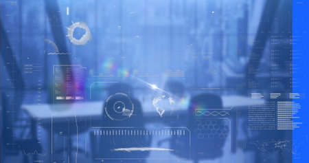 Image of data processing and light trails over empty office. Global business, computing and digital interface concept digitally generated image.の写真素材