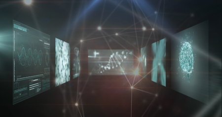 Image of glowing network of connections against screens with medical data processing. Global networking and medical research technology conceptの写真素材