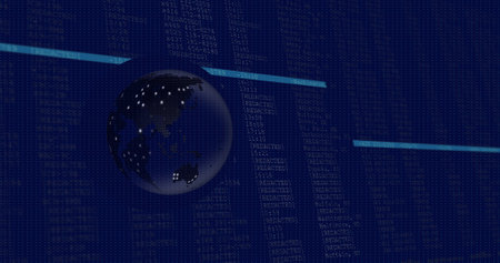 Image of globe over data processing on black background. Global technology, computing and digital interface concept digitally generated image.の写真素材