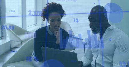 Image of statistical data processing over african american man and woman discussing at office....