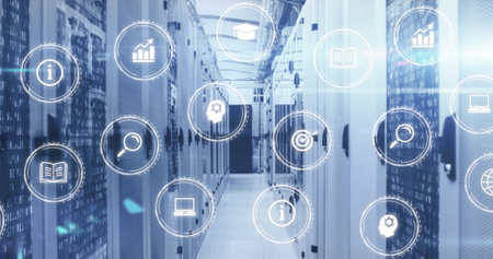 Business, media and education icons processing data over computer server room. Communication...