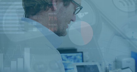 Image of data processing over caucasian male doctor discussing over reports at hospital. Medical...