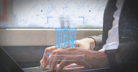 Image of network of connections with qr code over caucasian man using laptop. Global connections, technology and digital interface concept digitally generated image.の写真素材