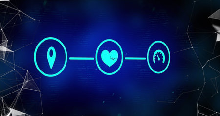 Image of icons with network of connections and data processing. Global networks, computing and data processing concept digitally generated image.の写真素材