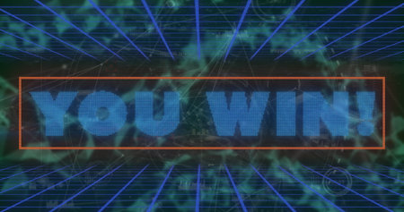 Image of you win text banner and network of connections over grid network on black background....
