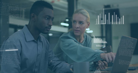 Image of data processing over diverse man and woman discussing over laptop at office. Computer...