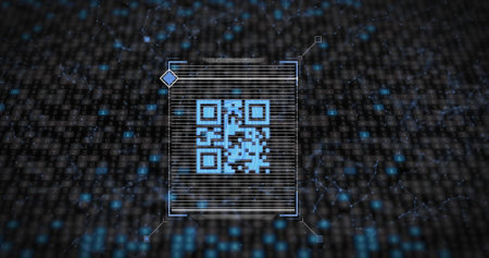 Image of data processing with qr code over moving columns on black background. Global technology,...