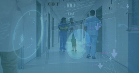 Image of data processing on diverse female doctor and health worker reading reports at hospital....