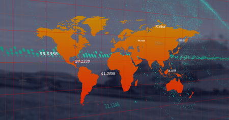 Image of world map and financial data processing over grid. Global business, finances, computing and...