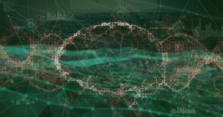 Image of network of connections against spinning human brain icon and digital wave. Global...