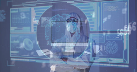 Image of scientific data processing over caucasian male doctor in mask and ppe suit. Global pandemic, science, medicine, research, computing and data processing concept digitally generated image.の写真素材