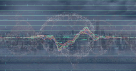 Image of data processing over spinning human brain icon against view of cityscape. Medical research and business data technology conceptの写真素材