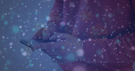 Image of blue spots and abstract shapes against mid section of a man using smartphone. Global networking and business technology conceptの写真素材