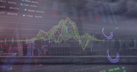 Image of statistical and stock market data processing against aerial view of cityscape. Global...