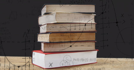 Image of stack of books over mathematical equations and formulae. Global school, learning, education, computing and data processing concept digitally generated image.の写真素材