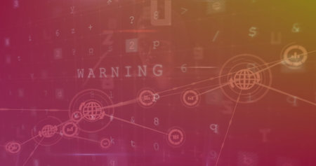 Image of connected icons over texts, symbols, letter and numbers against abstract background. Digitally generated, hologram, illustration, communication, globalization and technology concept.の写真素材