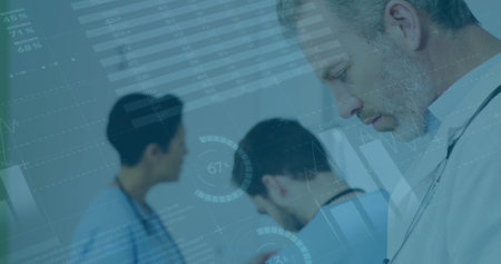 Image of digital icons and data processing on caucasian male doctor reading reports at hospital....