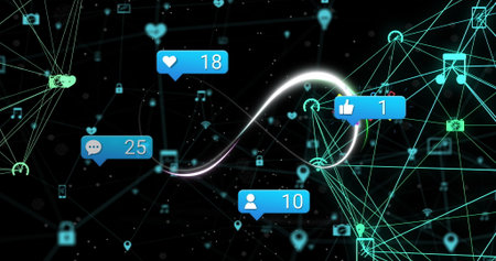 Image of social media icons and infinity icon against globes and network of digital icons. Social...