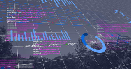 Image of financial data processing over landscape. Global business, finances, computing and data...