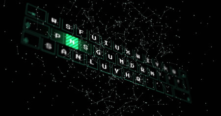 Image of data processing and network of connections against black background. Global networking and...