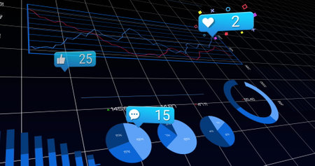 Image of social media icons and statistical data processing against black background. Social media...