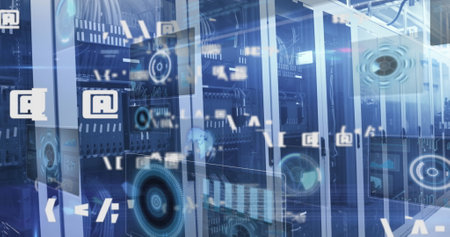 Image of multiple symbols, radars, globes and computer language over server racks. Digital...