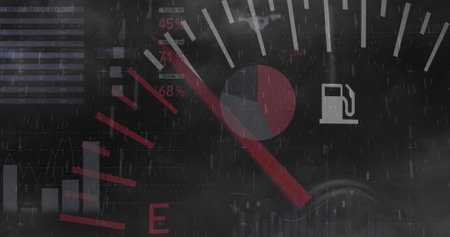 Image of fuel gauge data processing and statistics. Car industry, petrol, businss, data processing and computing concept digitally generated image.の写真素材