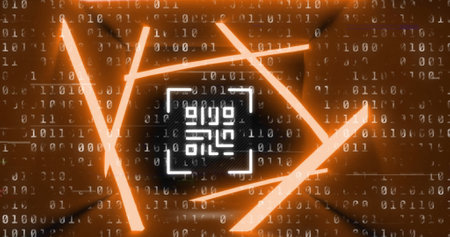 Image of glitch technique over qr code in abstract pattern against binary codes. Digitally generated, hologram, barcode, banking, finance, coding, machine learning and technology concept.の写真素材