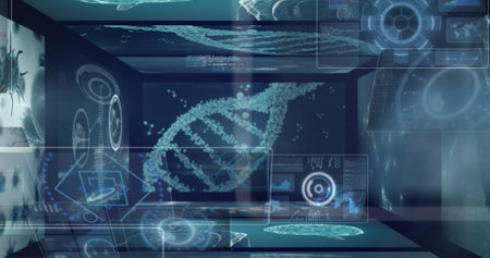 Image of data processing on black background. Global technology, computing and digital interface concept digitally generated image.の写真素材
