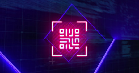 Image of qr code in rhombus pattern over programming language against black background. Digitally generated, hologram, barcode, banking, coding, machine learning and technology concept.の写真素材