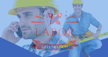 Image of labor day text over happy caucasian male workers and tools. labor day and celebration concept digitally generated image.の写真素材