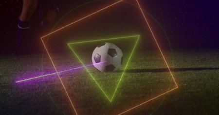 Image of neon shapes over caucasian male soccer player. global sport and digital interface concept digitally generated image.の写真素材