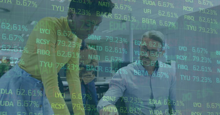Image of stock market over diverse business people. Global business, computing and digital interface concept digitally generated image.の写真素材